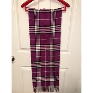 100% Cashmere Fuchsia Scarf White And Black Plaid With Tassels 68 X 12"